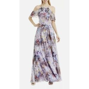 Nicole Miller Printed Ruffle Chiffon Maxi Gown Cold Shoulder Floral Dress Size 2